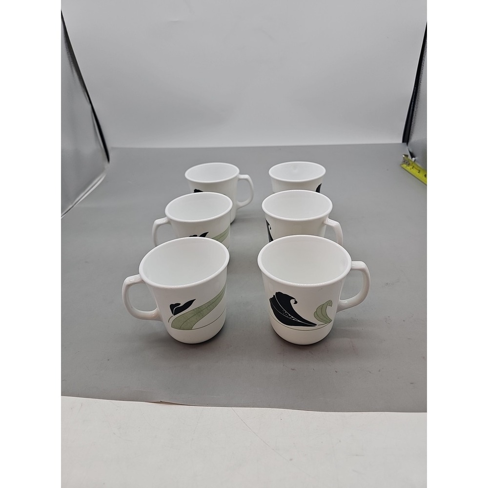 6 Corelle Black Orchard Coffee Mugs Cups‎ Tea Corning Dishes Dinnerware Green